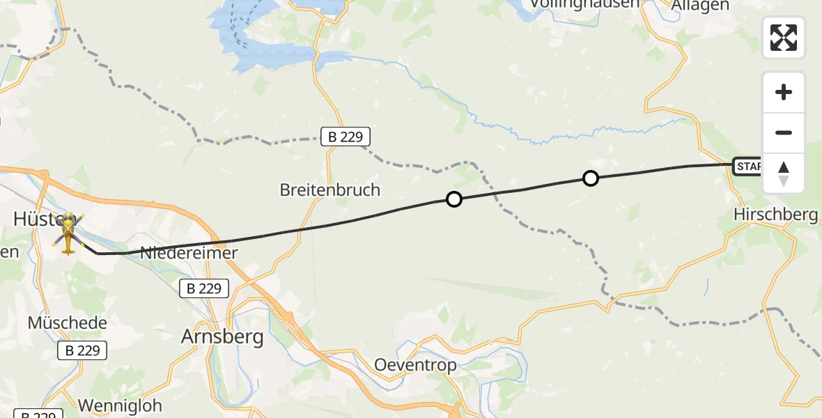 Flugroute Rettungshubschrauber Warstein - Arnsberg, 29 Juni 2026, 08:45
