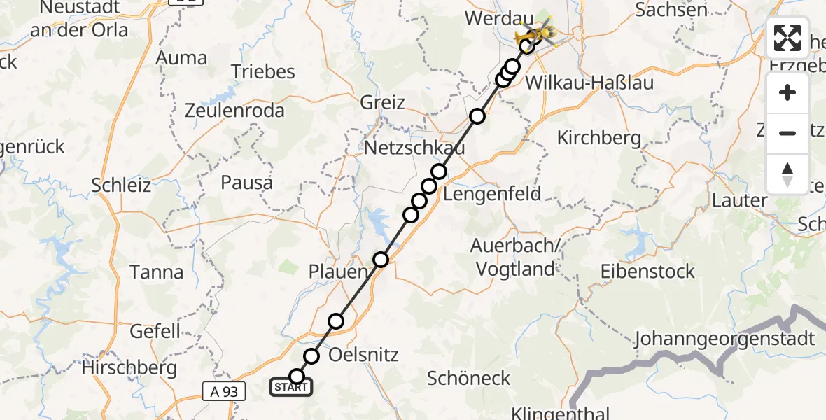 Flugroute Rettungshubschrauber Bösenbrunn - ADAC Air Rescue Station Zwickau Hubschrauberlandeplatz, 29 Juni 2026, 08:45