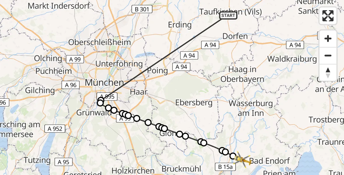 Flugroute Rettungshubschrauber Taufkirchen (Vils) - Vogtareuth, 29 Juni 2026, 08:48