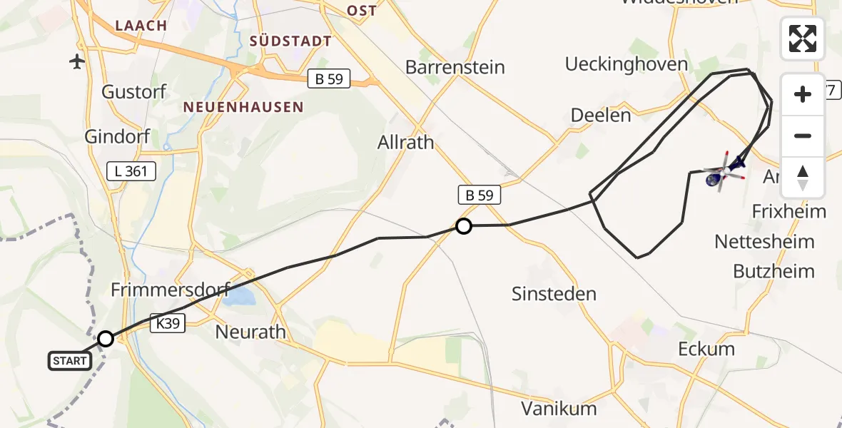 Flugroute Polizeihubschrauber Bedburg - Rommerskirchen, 29 Juni 2026, 08:54