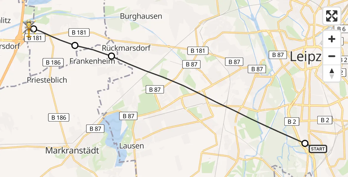 Flugroute Rettungshubschrauber Sankt Elisabeth Hospital Leipzig - ADAC Air Rescue Station Leipzig/Schkeuditz-Dölzig Hubschrauberlandeplatz (Christoph 61), 29 Juni 2026, 08:55