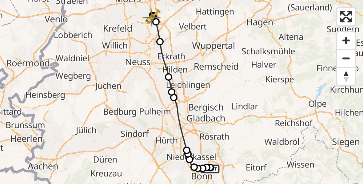 Flugroute Rettungshubschrauber Sankt Augustin - Duisburg Air Rescue Hubschrauberlandeplatz (Christoph 9), 29 Juni 2026, 08:57