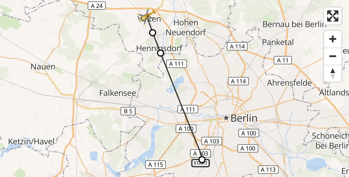 Flugroute Rettungshubschrauber Charité Clinic Benjamin Franklin Campus - Velten, 29 Juni 2026, 08:57