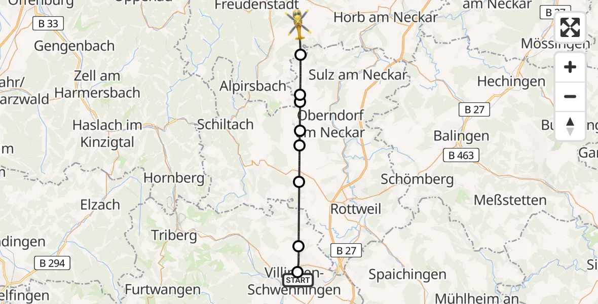 Flugroute Ambulanzhubschrauber DRF Air Rescue Station Villingen-Schwenningen Hubschrauberlandeplatz (Christoph 11) - Loßburg, 29 Juni 2026, 08:58