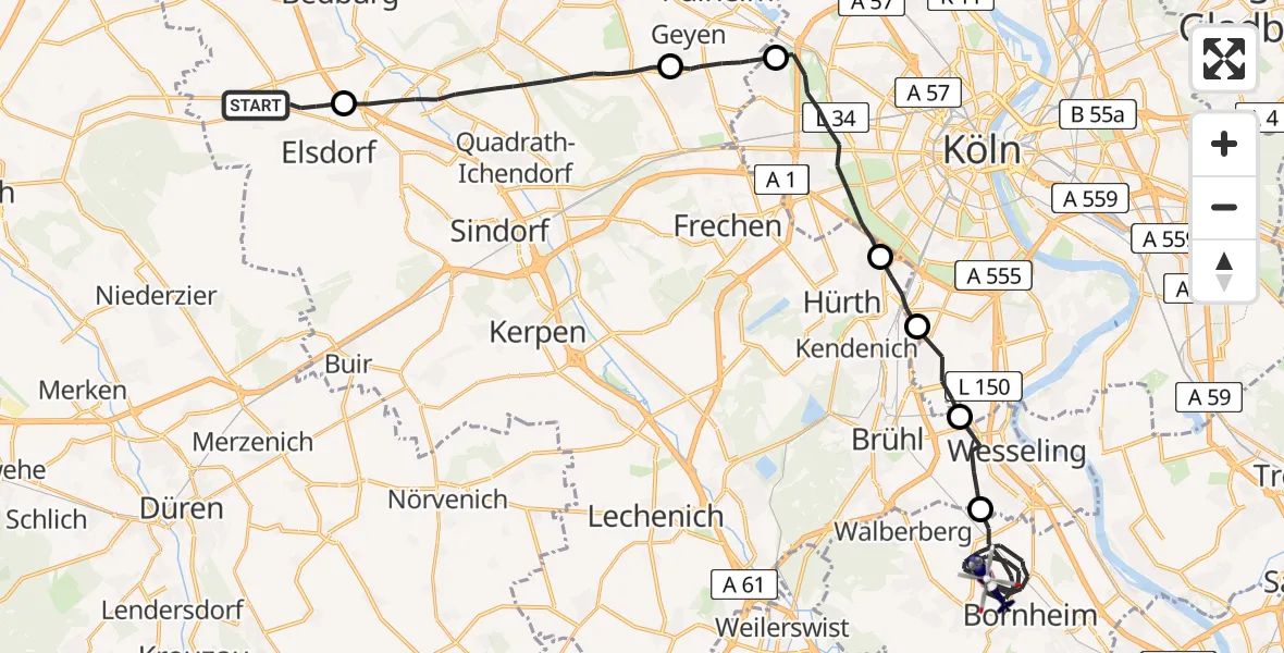 Flugroute Polizeihubschrauber Elsdorf - Bornheim, 29 Juni 2026, 09:02