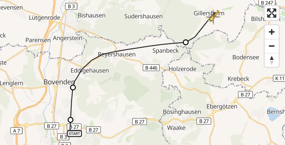 Flugroute Rettungshubschrauber Göttingen University Clinic Hubschrauberlandeplatz - Katlenburg-Lindau, 29 Juni 2026, 09:02