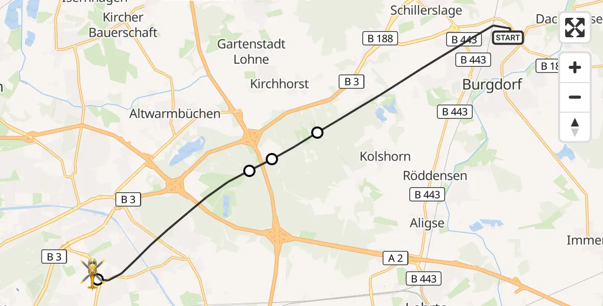 Flugroute Rettungshubschrauber Burgdorf - Hannover Luftrettung Hubschrauberlandeplatz (Christoph 4), 29 Juni 2026, 09:04