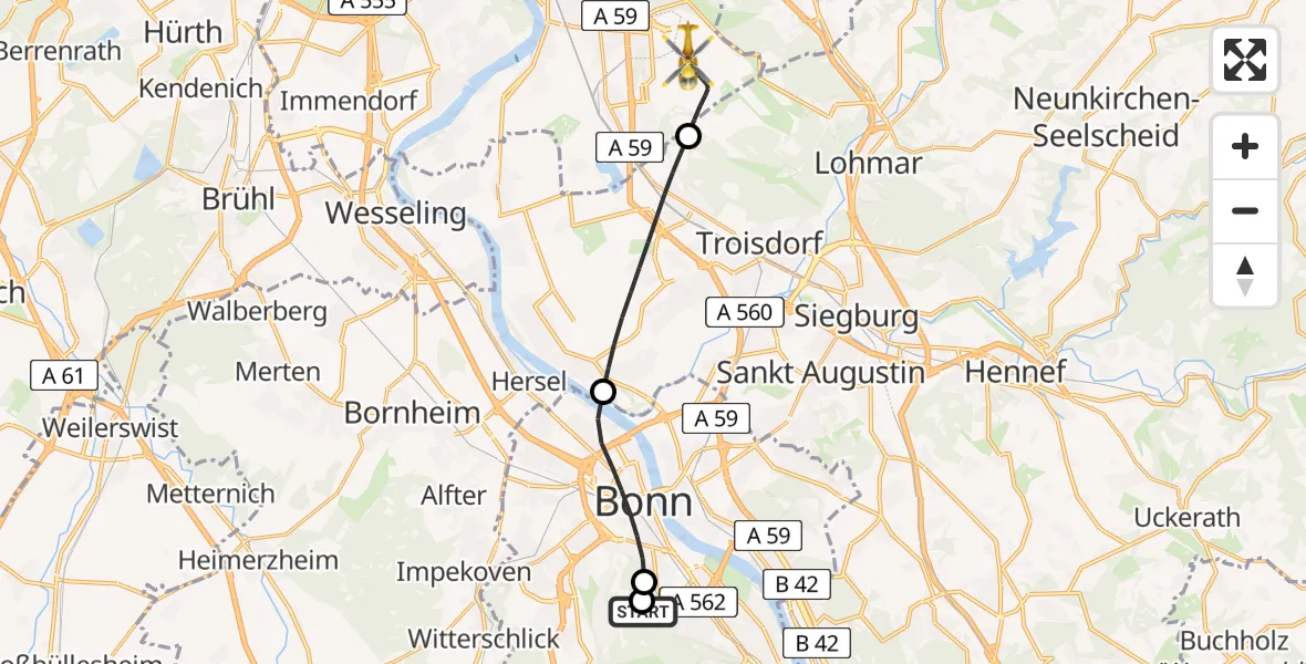 Flugroute Ambulanzhubschrauber Bonn University Hospital - Köln Bonn Flughafen, 29 Juni 2026, 09:06