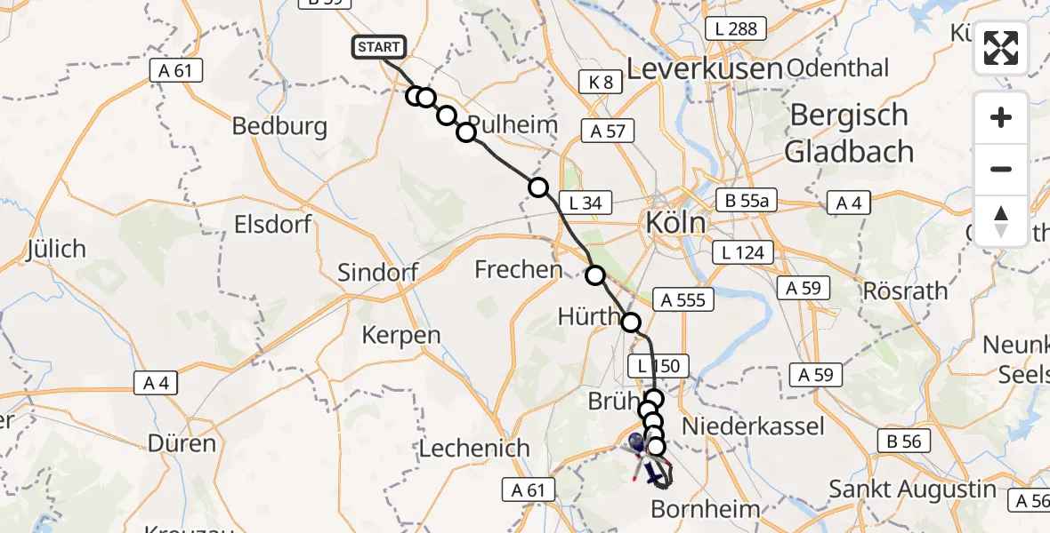 Flugroute Polizeihubschrauber Rommerskirchen - Bornheim, 29 Juni 2026, 09:10