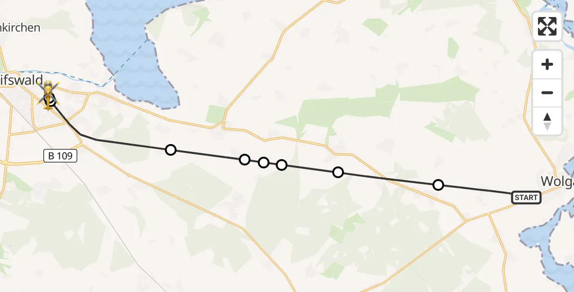 Flugroute Rettungshubschrauber Wolgast - Greifswald Hospital, 29 Juni 2026, 09:11
