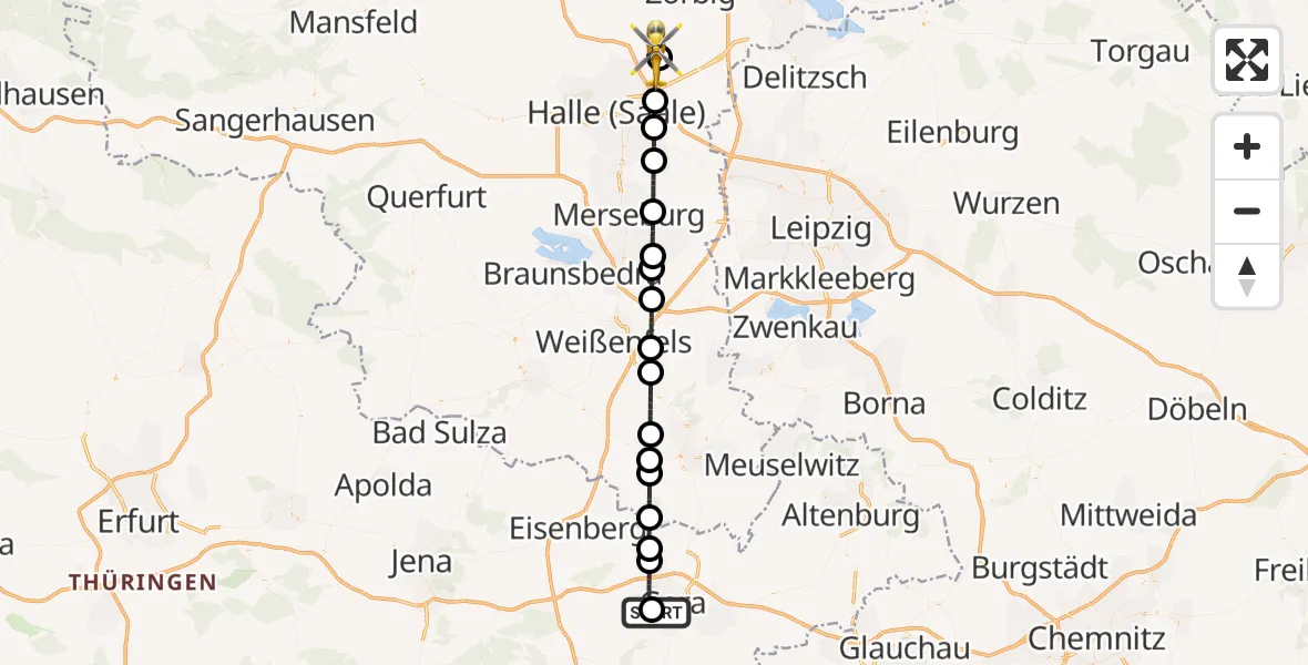 Flugroute Rettungshubschrauber SRH Wald-Klinikum Gera Hospital - Halle-Oppin Flugplatz, 29 Juni 2026, 09:12
