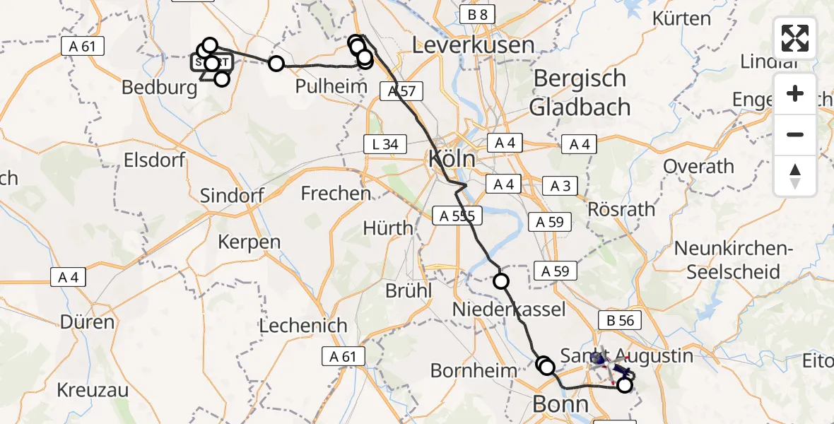 Flugroute Polizeihubschrauber Bedburg - Bonn-Hangelar Flugplatz, 29 Juni 2026, 09:11