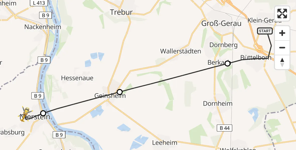 Flugroute Rettungshubschrauber Büttelborn - Nierstein, 29 Juni 2026, 09:14