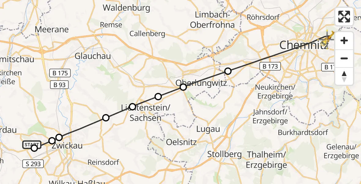 Flugroute Rettungshubschrauber ADAC Air Rescue Station Zwickau Hubschrauberlandeplatz - Chemnitz, 29 Juni 2026, 09:18