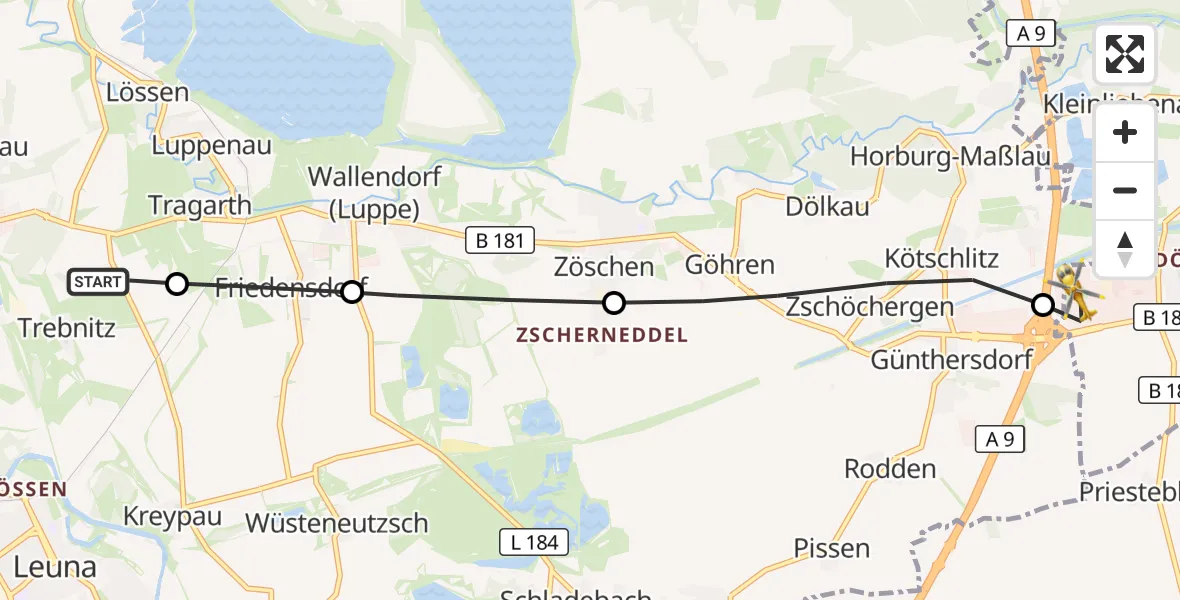 Flugroute Rettungshubschrauber Merseburg - ADAC Air Rescue Station Leipzig/Schkeuditz-Dölzig Hubschrauberlandeplatz (Christoph 61), 29 Juni 2026, 09:20