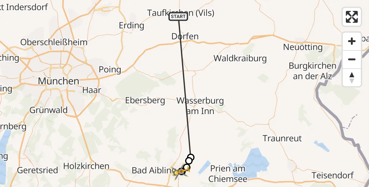 Flugroute Rettungshubschrauber Taufkirchen (Vils) - RoMed Hospital Rosenheim, 29 Juni 2026, 09:25