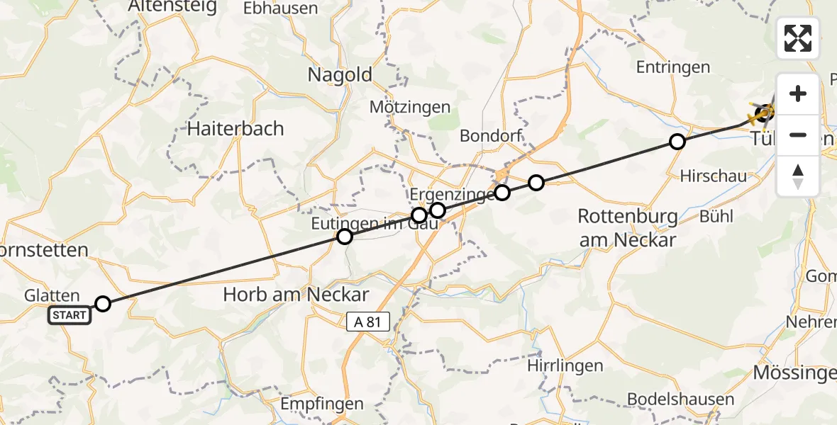 Flugroute Ambulanzhubschrauber Glatten - Tübingen Trauma Hospital, 29 Juni 2026, 09:30