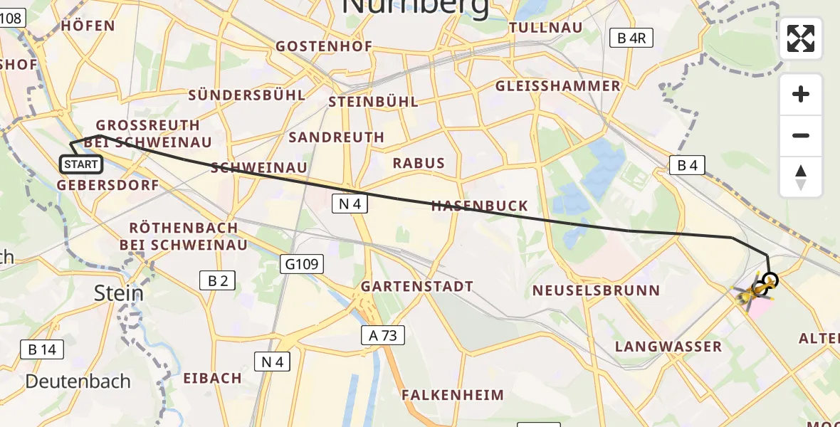 Flugroute Rettungshubschrauber Nürnberg - Nürnberg South Hospital, 29 Juni 2026, 09:30