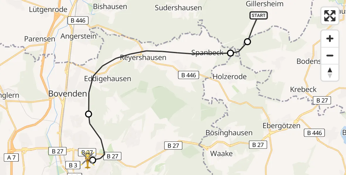 Flugroute Rettungshubschrauber Katlenburg-Lindau - Göttingen University Clinic Hubschrauberlandeplatz, 29 Juni 2026, 09:31