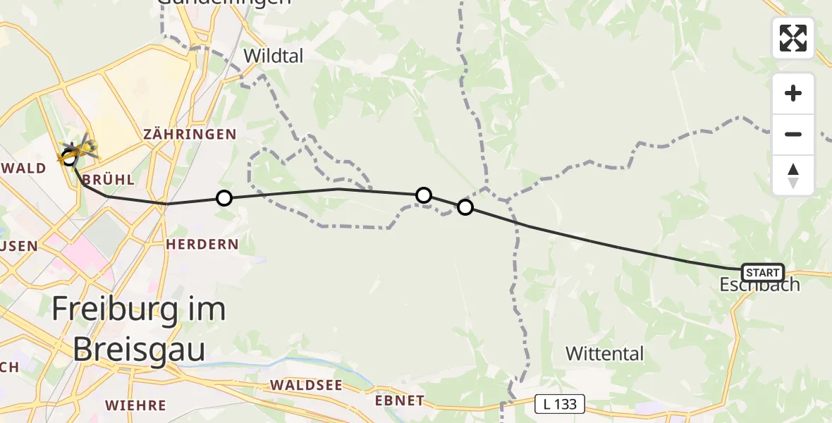 Flugroute Ambulanzhubschrauber Stegen - Freiburg im Breisgau Flugplatz, 29 Juni 2026, 09:31