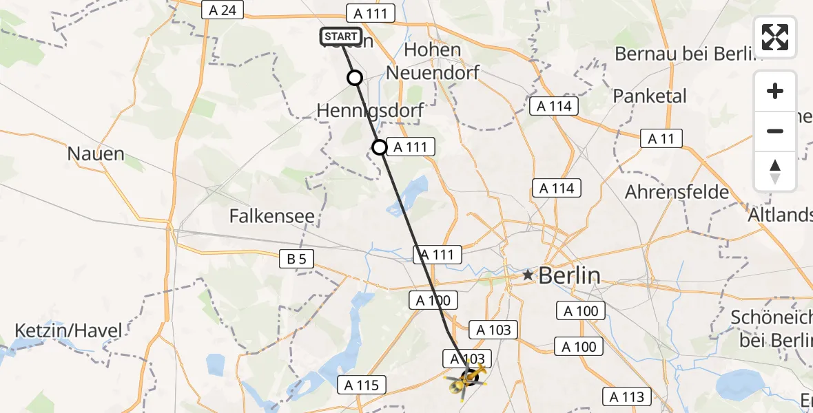 Flugroute Rettungshubschrauber Velten - Charité Clinic Benjamin Franklin Campus, 29 Juni 2026, 09:32