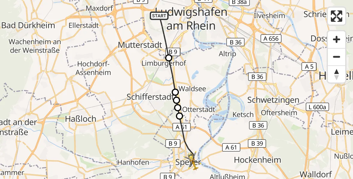 Flugroute Rettungshubschrauber Ludwigshafen am Rhein - Speyer, 29 Juni 2026, 09:33