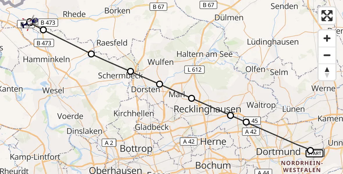 Flugroute Polizeihubschrauber Dortmund Flughafen - Isselburg, 29 Juni 2026, 09:36