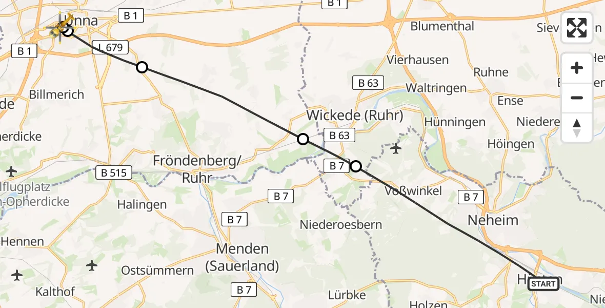 Flugroute Rettungshubschrauber Arnsberg - Christian Hospital Unna West, 29 Juni 2026, 09:40