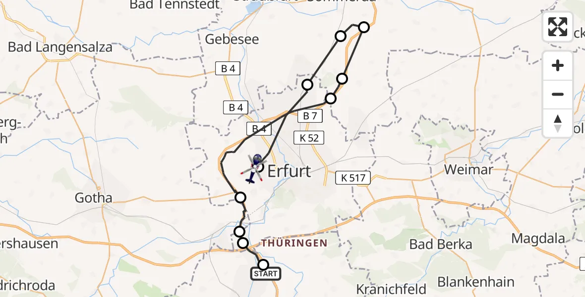 Flugroute Polizeihubschrauber Arnstadt - Erfurt-Weimar Flughafen, 29 Juni 2026, 09:41
