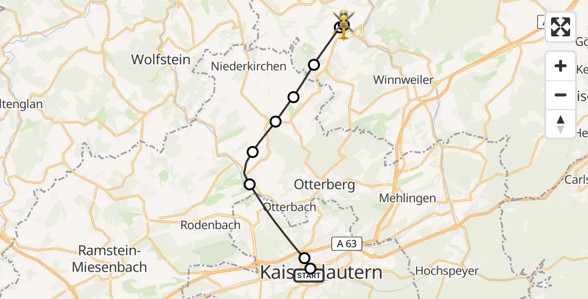 Flugroute Rettungshubschrauber Westpfalz Hospital Kaiserslautern - Imsweiler UL, 29 Juni 2026, 09:44