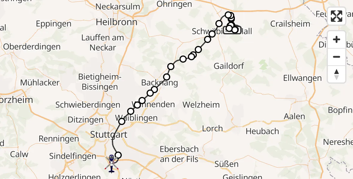Flugroute Polizeihubschrauber Adolf Würth Flughafen - Flughafen Stuttgart, 29 Juni 2026, 09:46