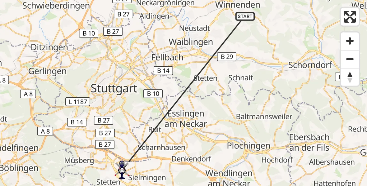 Flugroute Polizeihubschrauber Winnenden - Flughafen Stuttgart, 29 Juni 2026, 09:46