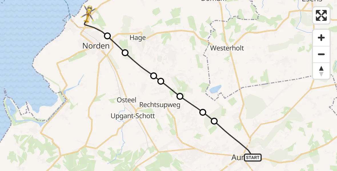 Flugroute Ambulanzhubschrauber Aurich - Norden-Norddeich Flughafen, 29 Juni 2026, 09:50