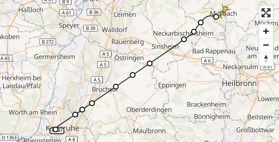 Flugroute Ambulanzhubschrauber Sankt Vincentius Hospital - Mosbach, 29 Juni 2026, 09:51