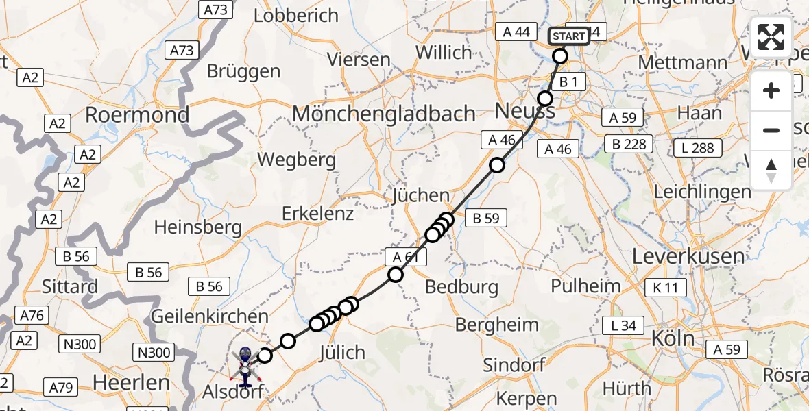 Flugroute Polizeihubschrauber Düsseldorf Flughafen - Baesweiler, 29 Juni 2026, 10:00