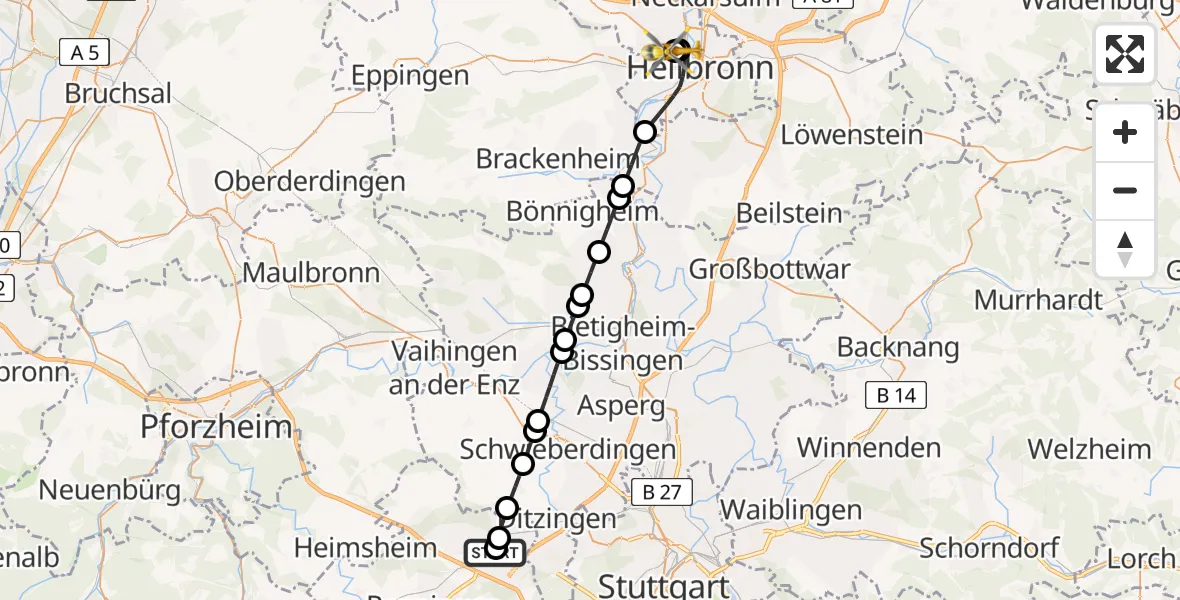 Flugroute Rettungshubschrauber Leonberg Hospital - Heilbronn Hospital, 29 Juni 2026, 10:00