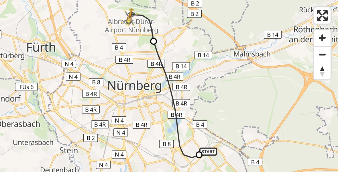 Flugroute Rettungshubschrauber Nürnberg South Hospital - Flughafen Nuremberg, 29 Juni 2026, 10:01