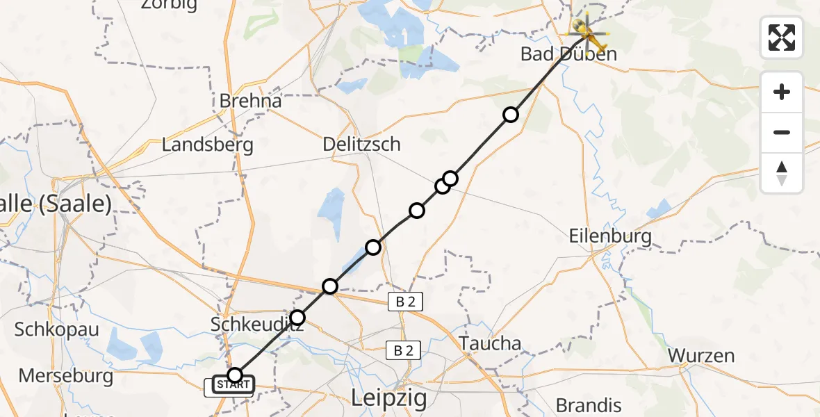 Flugroute Rettungshubschrauber ADAC Air Rescue Station Leipzig/Schkeuditz-Dölzig Hubschrauberlandeplatz (Christoph 61) - Bad Düben, 29 Juni 2026, 10:01