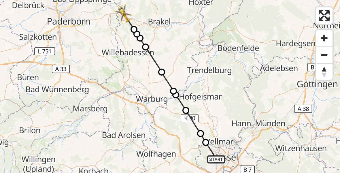 Flugroute Rettungshubschrauber Kassel - Bad Driburg, 29 Juni 2026, 10:07