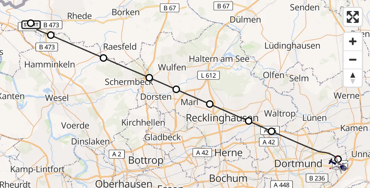 Flugroute Polizeihubschrauber Isselburg - Dortmund Flughafen, 29 Juni 2026, 10:08