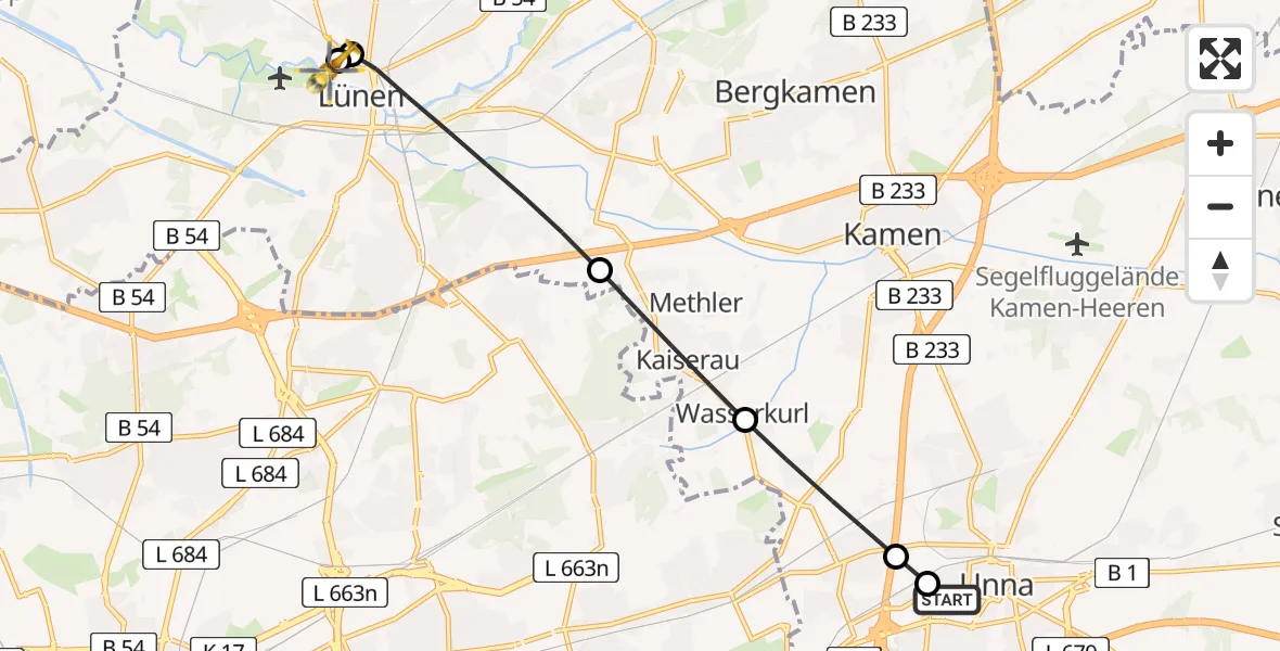 Flugroute Rettungshubschrauber Christian Hospital Unna West - Sankt Marien Hospital, 29 Juni 2026, 10:13