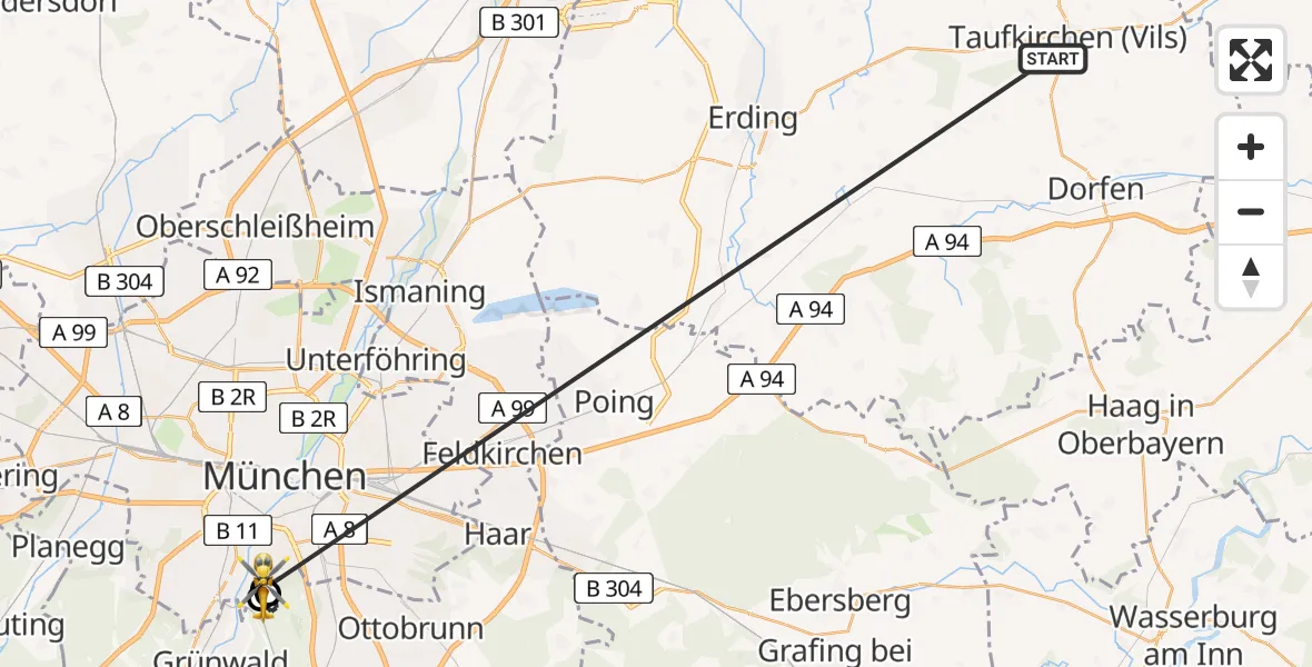 Flugroute Rettungshubschrauber Taufkirchen (Vils) - ADAC Air Rescue Center Hubschrauberlandeplatz (Christoph 1), 29 Juni 2026, 10:19