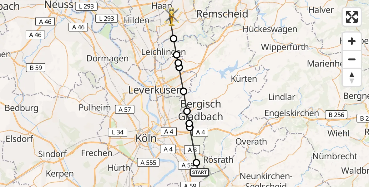 Flugroute Ambulanzhubschrauber Köln Bonn Flughafen - Solingen, 29 Juni 2026, 10:19