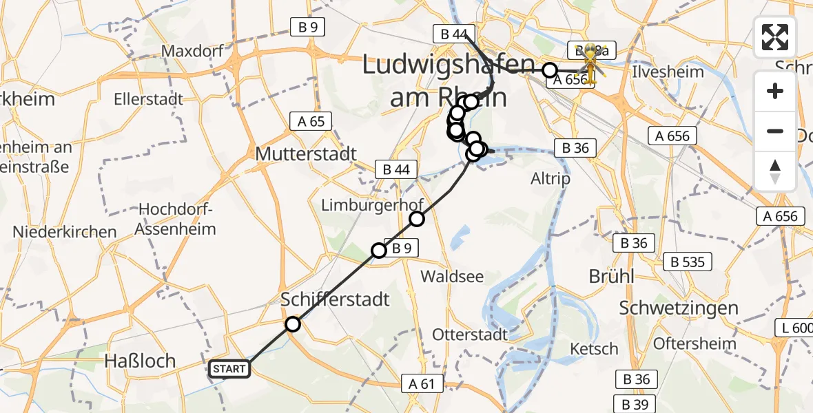 Flugroute Rettungshubschrauber Böhl-Iggelheim - Mannheim-City Flughafen, 29 Juni 2026, 10:22