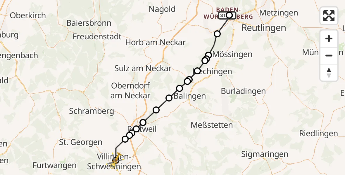 Flugroute Ambulanzhubschrauber Tübingen Trauma Hospital - DRF Air Rescue Station Villingen-Schwenningen Hubschrauberlandeplatz (Christoph 11), 29 Juni 2026, 10:23