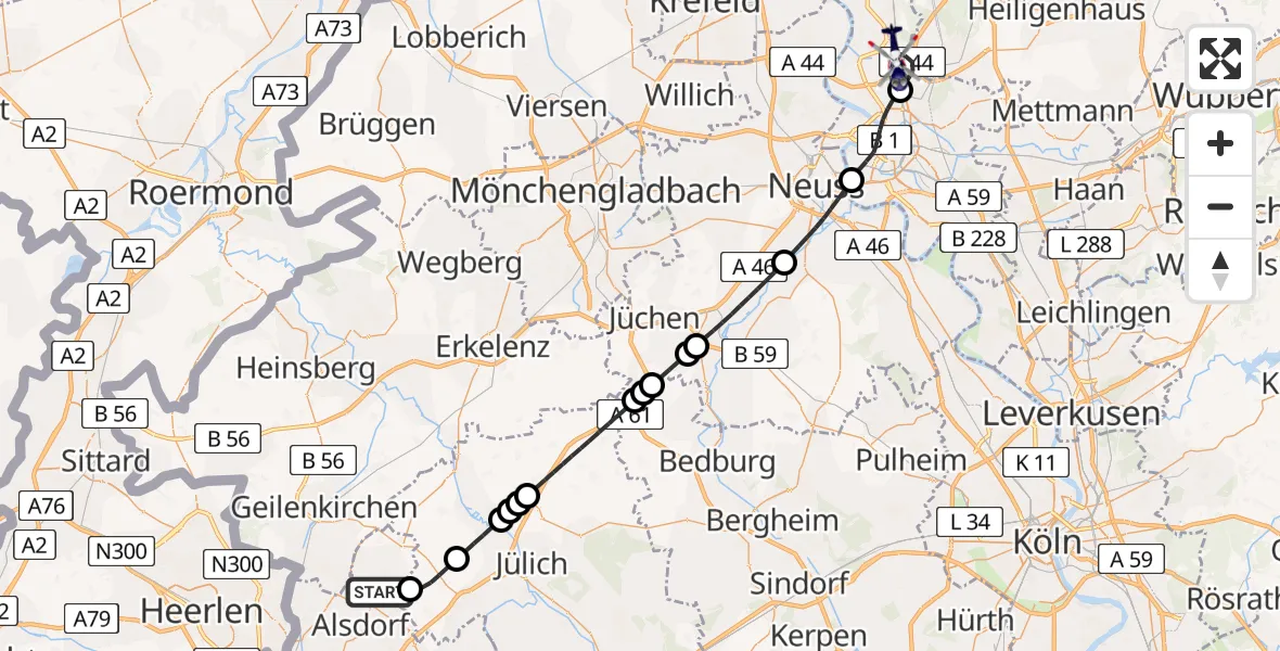 Flugroute Polizeihubschrauber Baesweiler - Düsseldorf Flughafen, 29 Juni 2026, 10:24