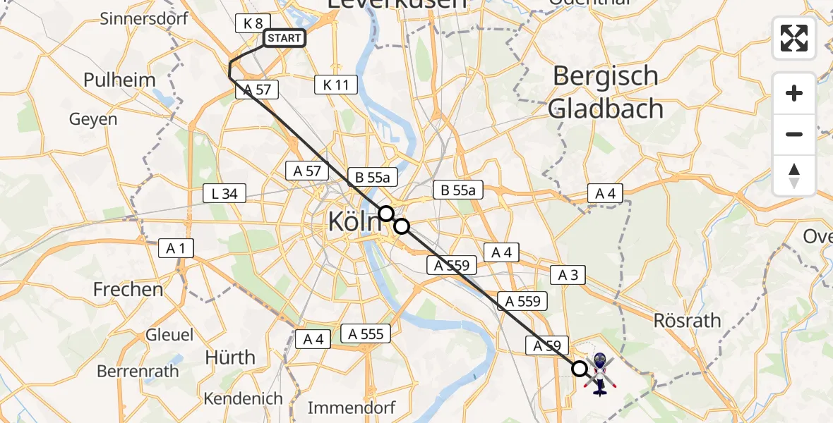 Flugroute Polizeihubschrauber Köln - Köln Bonn Flughafen, 29 Juni 2026, 10:25