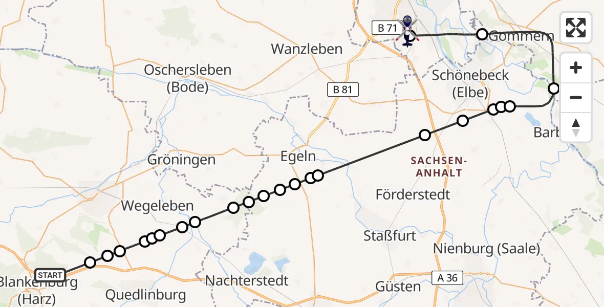 Flugroute Polizeihubschrauber Blankenburg (Harz) - Magdeburg City Flugplatz, 29 Juni 2026, 10:30