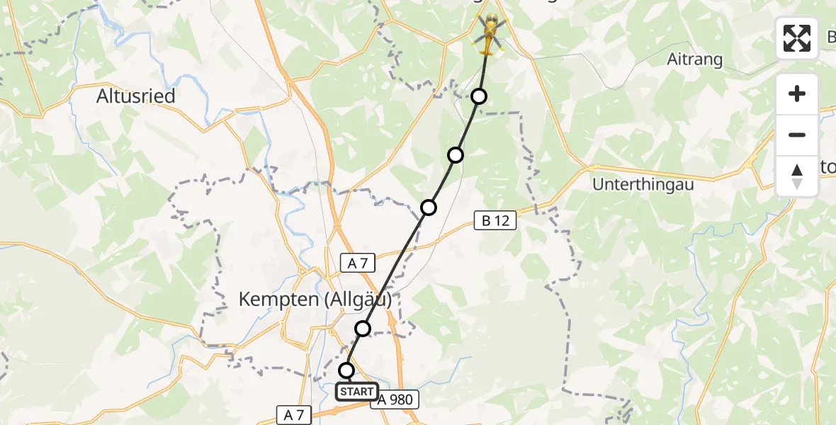 Flugroute Rettungshubschrauber Kempten-Durach Flugplatz - Günzach, 29 Juni 2026, 10:33