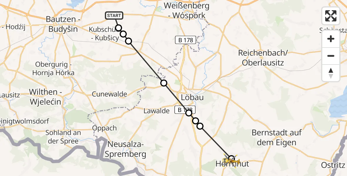 Flugroute Rettungshubschrauber Bautzen Flugplatz - Herrnhut, 29 Juni 2026, 10:35